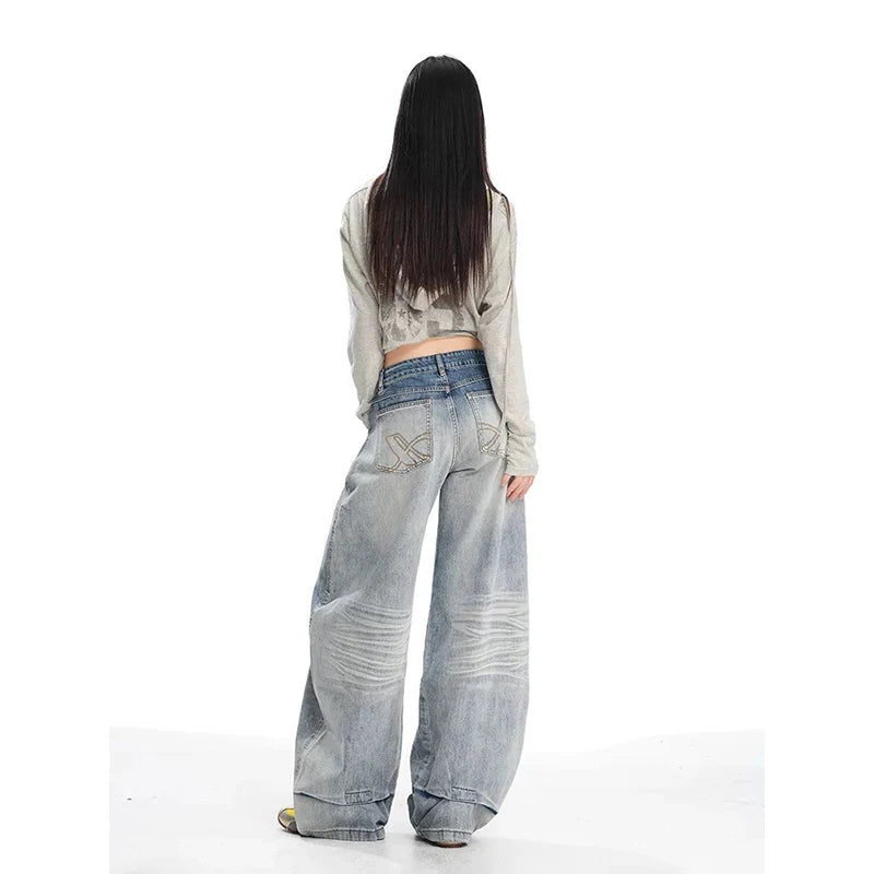 YIBASHU Summer Women's Denim Pants Y2K Baggy Wide Fit Jean Japanese Harajuku Grunge Stacked Jeans Kpop 2000s Punk Boyfriend New