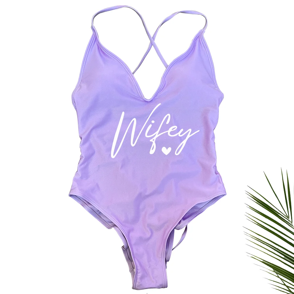 Sexy Padded Wifey One Piece Swimsuit bride Swimwear Women Backless Rose gold Bathing Suit Summer Beachwear monokini Thong