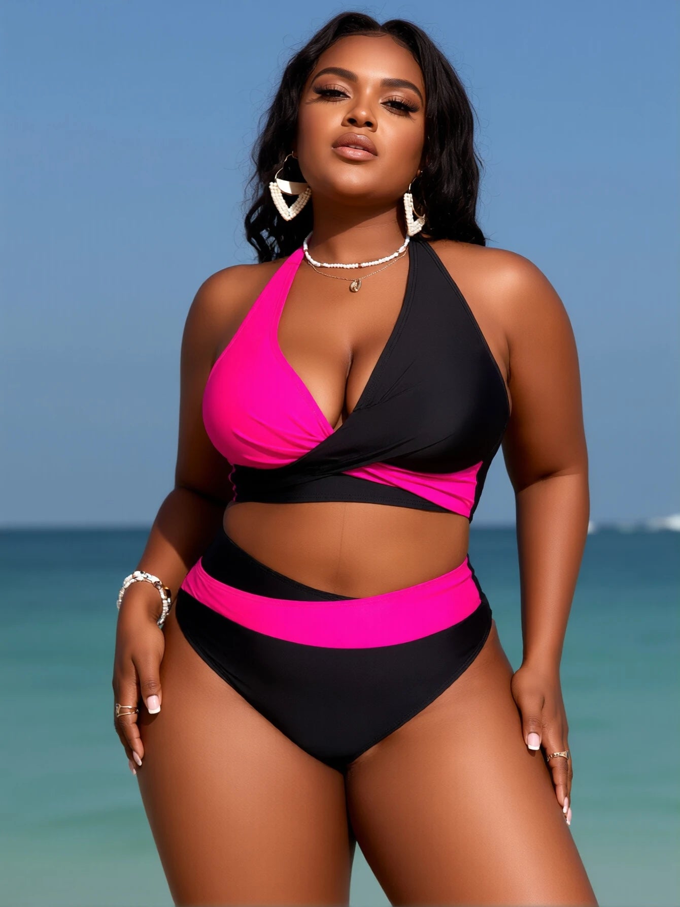 Women's Colorblock Criss Cross Halter Neck Bikini Set, Casual Wrap Swim Top & Swim Bottom Neon Swimsuit for Beach Holiday Vacation, Ladies Swimwear for All Seasons, Bikinis Sets, Beach Bathing Suit, Bikini Swimsuit Outfit, Cl