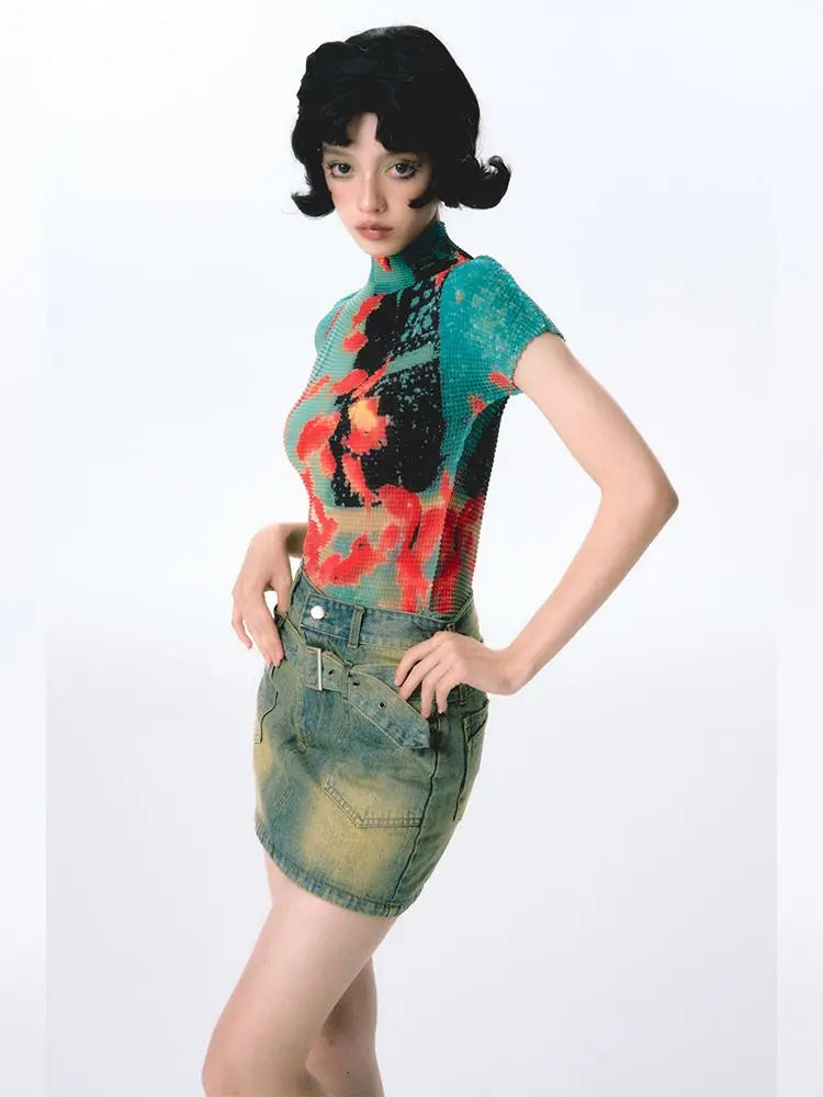 Kimotimo Harajuku Folds Goldfish Print T-shirt Women Summer Y2k Aesthetic Turtleneck Slim Crop Top Short Sleeve Ropa De Mujer