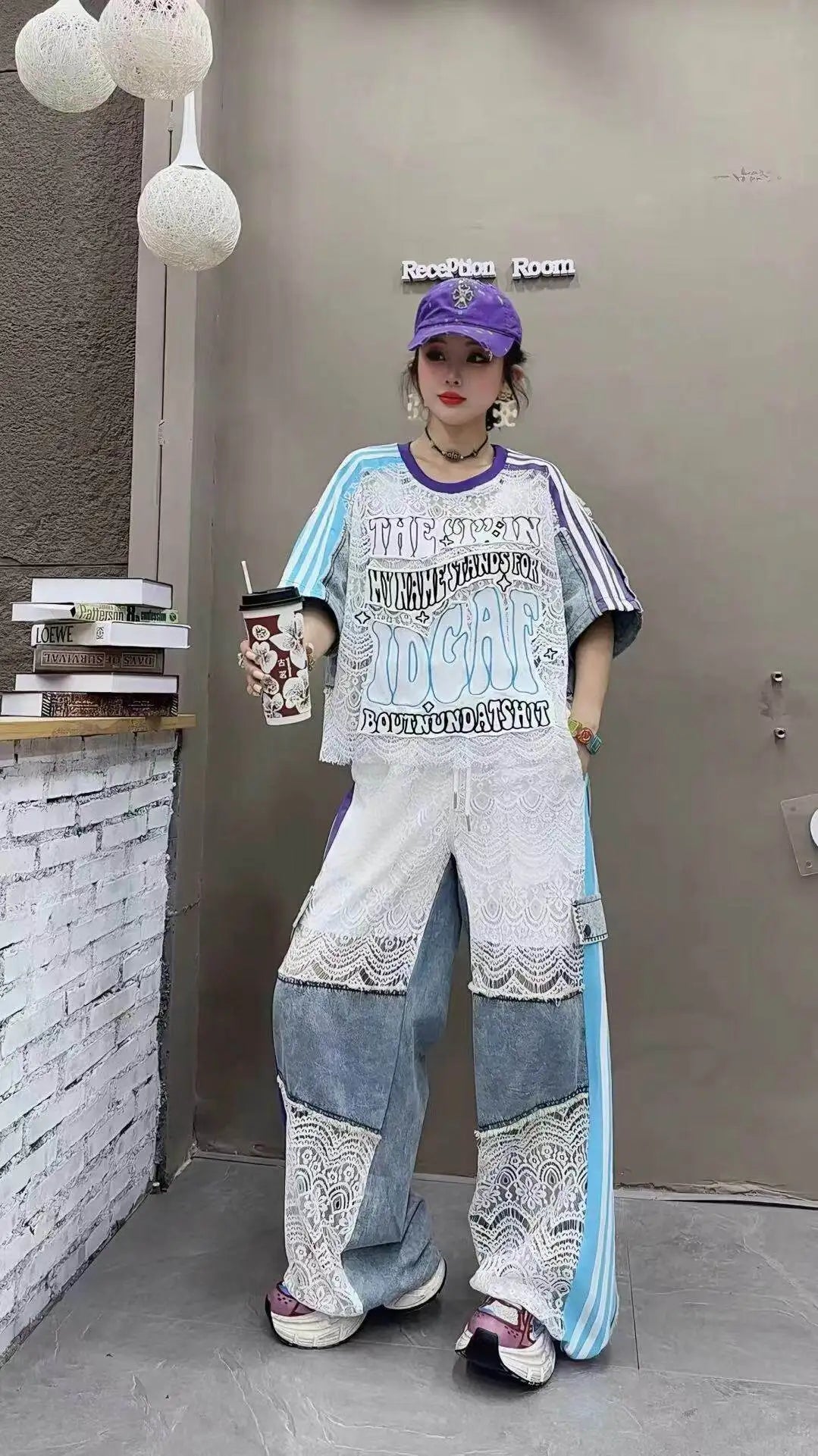 Fashion Women Denim Splicing Printed Contrast Color Short Sleeve Loose LongCasual Streetwear Outfit top