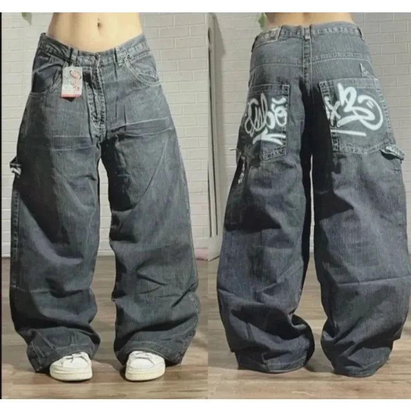 Y2K New Fashion Pink Pattern Patch Loose Jeans Women Gothic Harajuku Hip Hop Casual Joker Wide Leg Denim Trousers