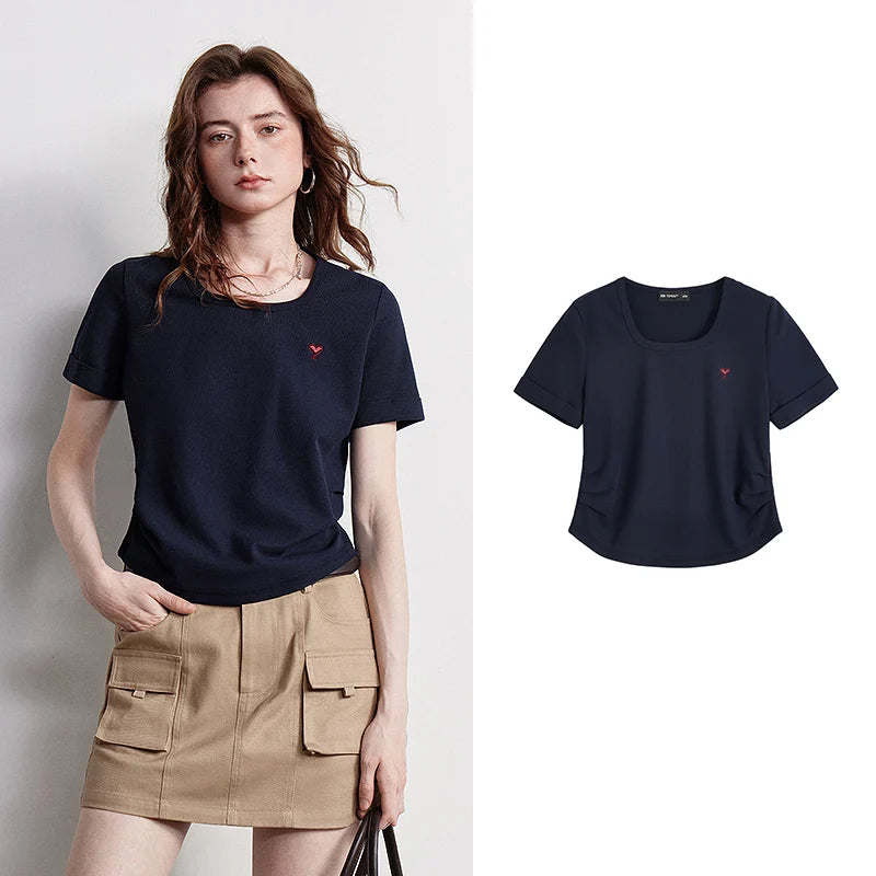 TOYOUTH Women T-shirt 2026 Summer New Breathable Bead Floor Short Fit Waist Cinched Square Neck American Top