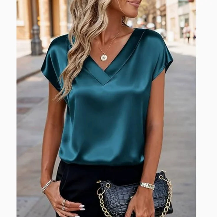 New Summer Women Fashion Blouses Casual Solid Elegant Ladies V-Neck Short Sleeve Shirts Trendy Simple Loose Woman Satin Top