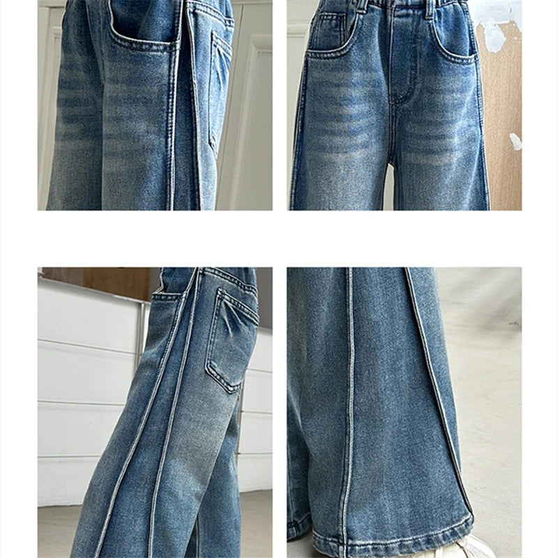 New Autumn Tween Girl Dark Blue Jeans Foldable Wide Leg Denim Pants Kids Child Spring High Waist Jeans Trousers Age 4 To 14 Y