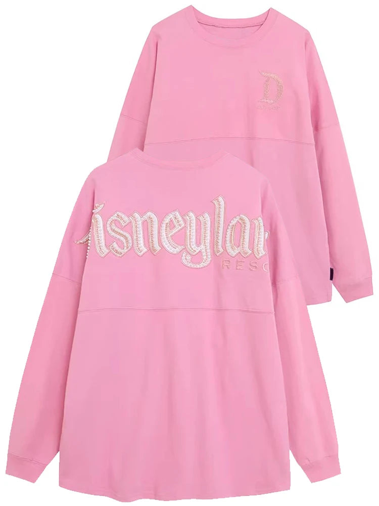 Disney Pink Disneyland Letter Embroidery Cartoon Sequins Pearl Cute Print Sweatshirt Glitter Women Jumper Fleece Pullover Unisex