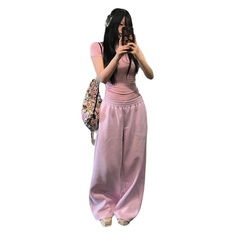 Pink High Waist Wide Leg Sweatpants Women's Spring Summer Lazy Loose Casual Floor Length Sport Long Pants Women