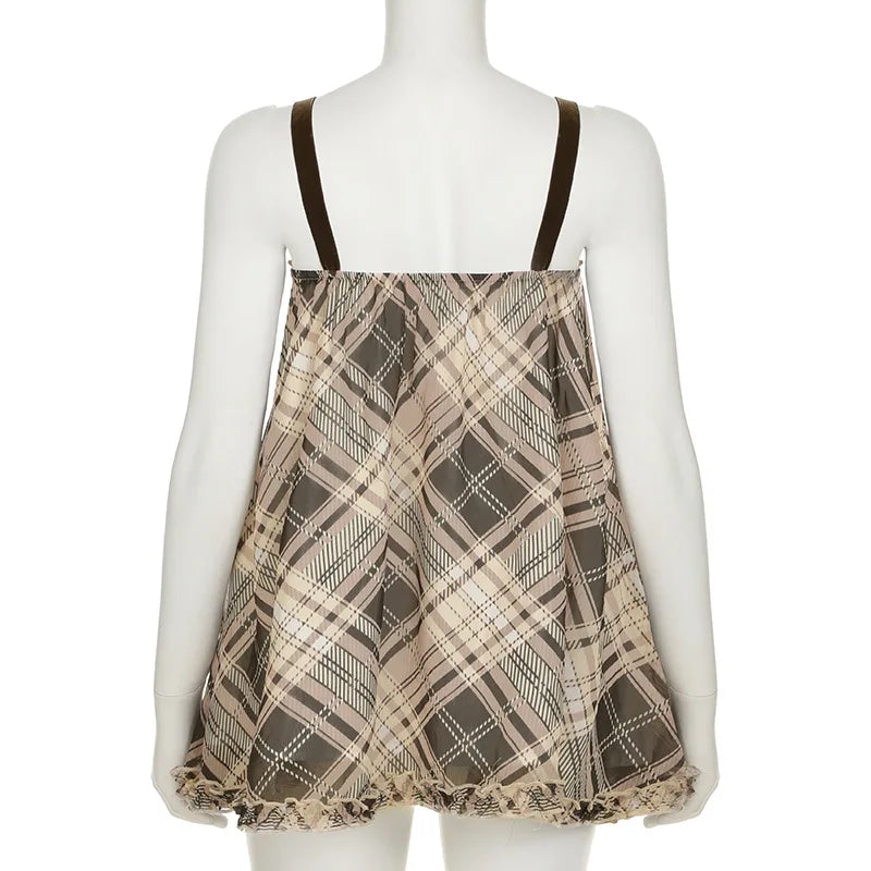 Y2K Bow Contrast Checked Tank Top Vintage Sleeveless V-neck Cute Camis Tops A-line Sweet Style Vest Summer Outfits