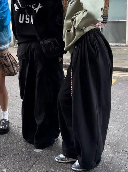 Oversize Woman Grey Black Sweatpants Y2K Korean Streetwear Loose Casual Jogger Pants High Waist All Match Drawstring Trousers