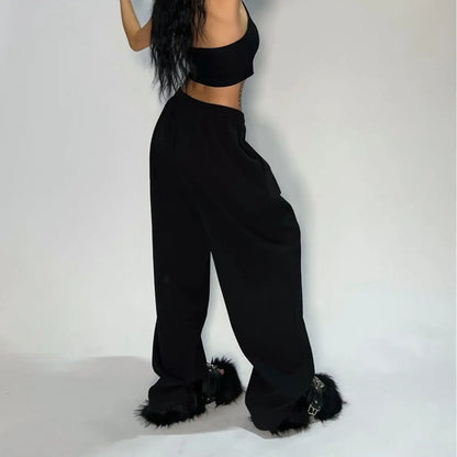 Oversize Woman Grey Black Sweatpants Y2K Korean Streetwear Loose Casual Jogger Pants High Waist All Match Drawstring Trousers