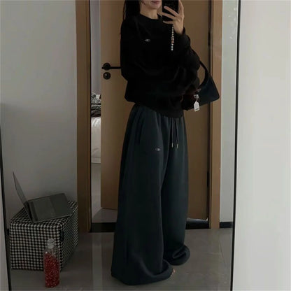 Oversize Woman Grey Black Sweatpants Y2K Korean Streetwear Loose Casual Jogger Pants High Waist All Match Drawstring Trousers
