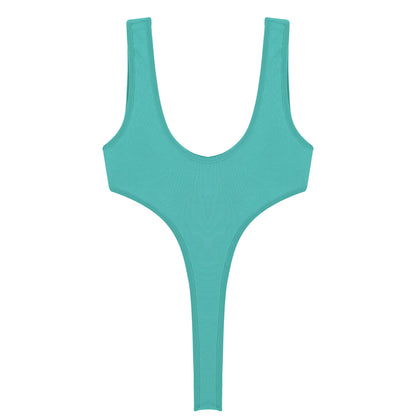 Women's Swimsuit One Piece Silky See Through Sheer Lingerie Swimwear Deep Scoop Neck Sleeveless High Cut Thong Leotard Bodysuit