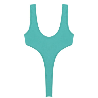 Women's Swimsuit One Piece Silky See Through Sheer Lingerie Swimwear Deep Scoop Neck Sleeveless High Cut Thong Leotard Bodysuit