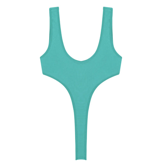 Women's Swimsuit One Piece Silky See Through Sheer Lingerie Swimwear Deep Scoop Neck Sleeveless High Cut Thong Leotard Bodysuit