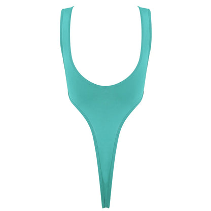 Women's Swimsuit One Piece Silky See Through Sheer Lingerie Swimwear Deep Scoop Neck Sleeveless High Cut Thong Leotard Bodysuit