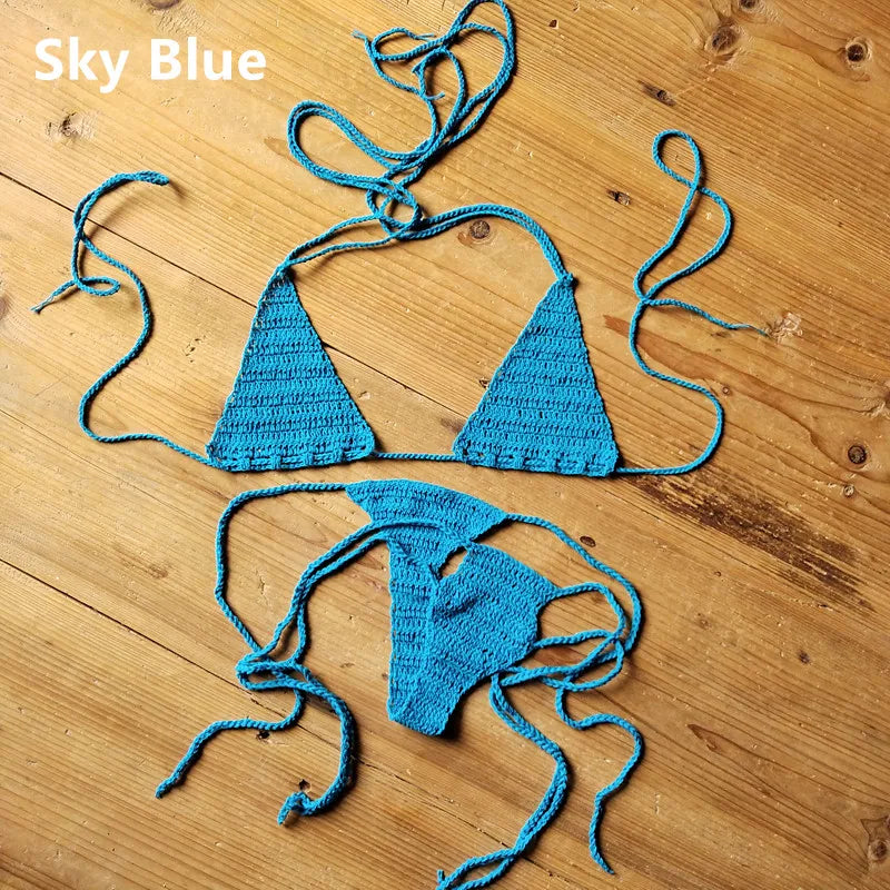 Cotton 13 Color Hand Crochet Micro Swimwear Women's Extreme Mini Sexy Bikini Set Sunbathing