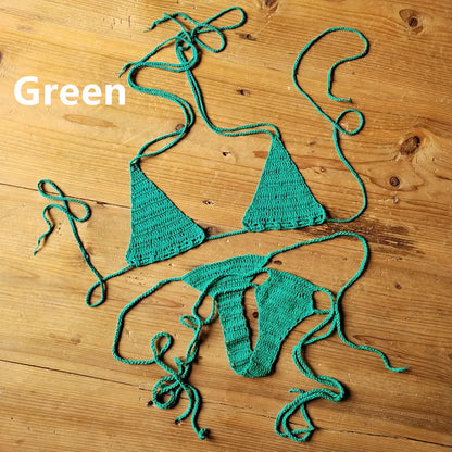 Cotton 13 Color Hand Crochet Micro Swimwear Women's Extreme Mini Sexy Bikini Set Sunbathing