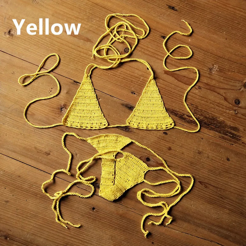 Cotton 13 Color Hand Crochet Micro Swimwear Women's Extreme Mini Sexy Bikini Set Sunbathing