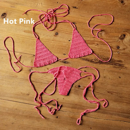 Cotton 13 Color Hand Crochet Micro Swimwear Women's Extreme Mini Sexy Bikini Set Sunbathing