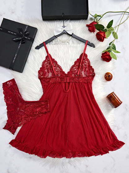 2 Pieces Women's Sleepshirts Lace Lingerie Set Semi-transparent V-Neck Thong Underwear for Women Exquisite Tulle Nightgown Set