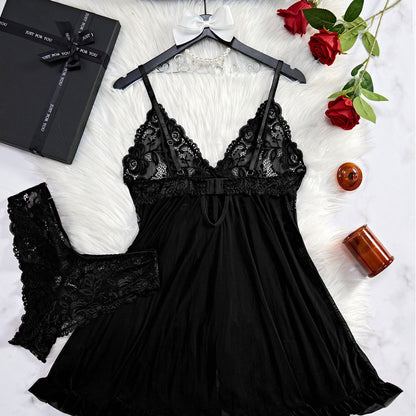 2 Pieces Women's Sleepshirts Lace Lingerie Set Semi-transparent V-Neck Thong Underwear for Women Exquisite Tulle Nightgown Set