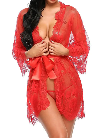 New Sexy Lace Transparent Ruffles Robe Women Lingerie See-through Babydolls Underwear Sleepwear Night Dress Erotic Sex Clothes