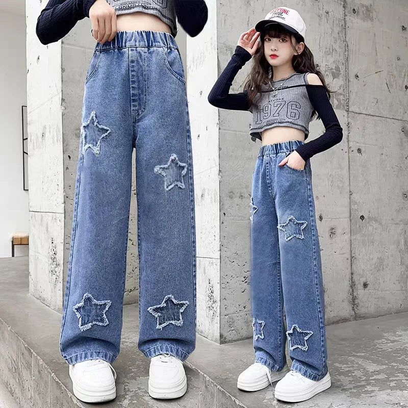 3-14Y Spring Autumn Girls Jeans Teen-agers Fashion Gradient Color Long Style Trousers For Kids Denim Wide Leg Pants