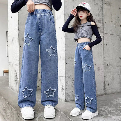 3-14Y Spring Autumn Girls Jeans Teen-agers Fashion Gradient Color Long Style Trousers For Kids Denim Wide Leg Pants