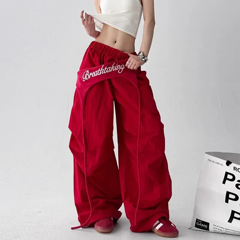 Women's Dance Y2K Style Pants Cross Layer Straps Design Casual Streetwear Wide Leg Cargo Pants For Hip Hop Dance Colorful