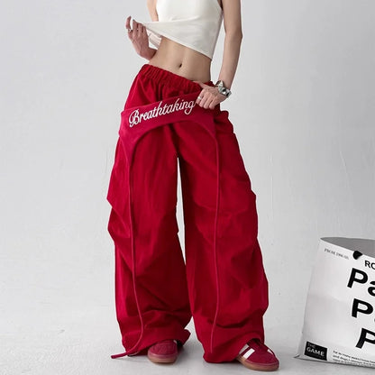 Women's Dance Y2K Style Pants Cross Layer Straps Design Casual Streetwear Wide Leg Cargo Pants For Hip Hop Dance Colorful