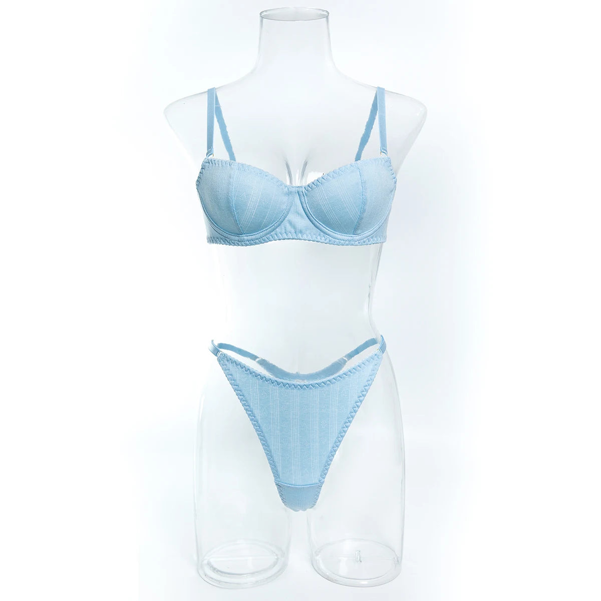 Light Blue Knitted Rayon 2Pcs Women's Lingerie Set Underwire Push-Up Bra Adjustable Thong Soft Breathable Sexy Daily Underwear