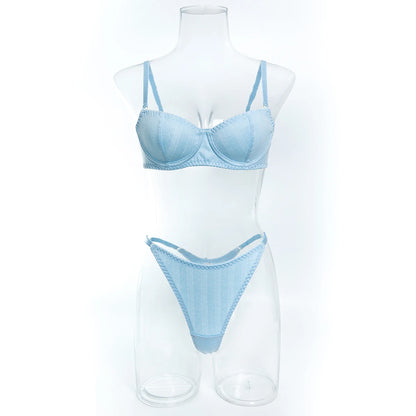 Light Blue Knitted Rayon 2Pcs Women's Lingerie Set Underwire Push-Up Bra Adjustable Thong Soft Breathable Sexy Daily Underwear