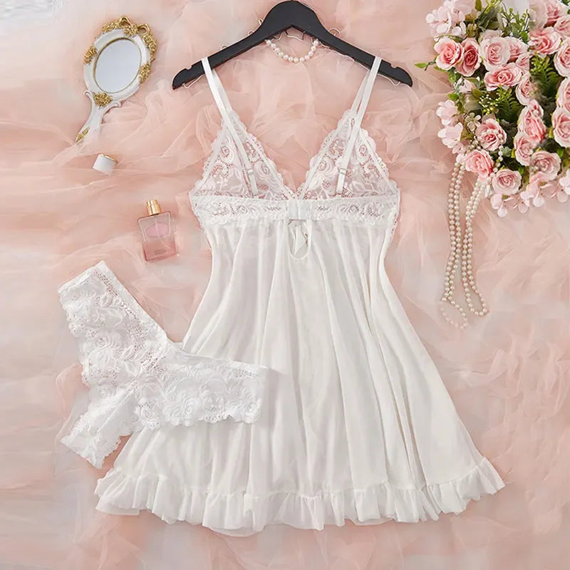 Blue Contrast Lace Ruffle Trim Lingerie Set Women's Nightdress See Through Deep V Mini Dress and Thong Nightgowns Underwear