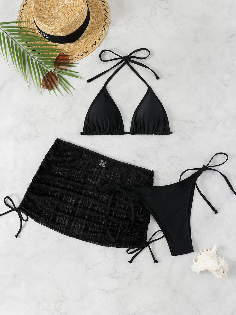 Sexy Solid 3 piece Bikini Set Women's Halter Lace Up Low Waist Swimsuit Triangle Thong Tie On Side Swimwear Brazilian Biquinis