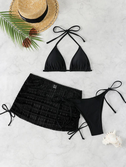 Sexy Solid 3 piece Bikini Set Women's Halter Lace Up Low Waist Swimsuit Triangle Thong Tie On Side Swimwear Brazilian Biquinis