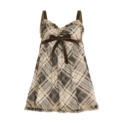 Y2K Bow Contrast Checked Tank Top Vintage Sleeveless V-neck Cute Camis Tops A-line Sweet Style Vest Summer Outfits