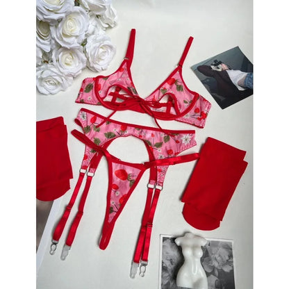Hot Sexy Red Flower Lingerie Sets for Women Fancy Underwear Set Cut Out Bra and Thong Lace Garter Belt Stockings Erotic Costumes