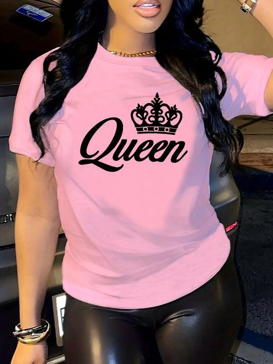 Plus Size Summer Short Sleeve Crown Letter Print Crew Neck T-Shirt for Spring & Summer Casual Women's Y2k Vintage Clothing