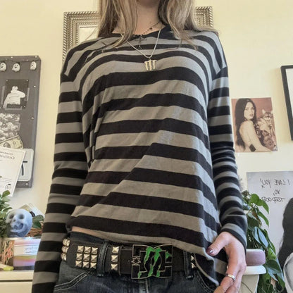 Y2k Teen Striped Long Sleeve T-Shirts Fairy Grunge Print Baggy Tops Vintage Harajuku 2000s E-Girl Shirts Vintage Streetwear