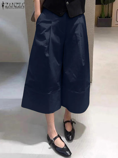 ZANZEA Women Casual Calf-Length Pants Elastic Back Waist Solid Color Wide-Leg Cropped Pant Loose Cozy Woman Bottoms Fall 2025