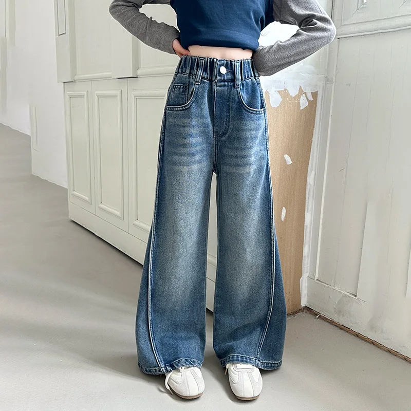 New Autumn Tween Girl Dark Blue Jeans Foldable Wide Leg Denim Pants Kids Child Spring High Waist Jeans Trousers Age 4 To 14 Y