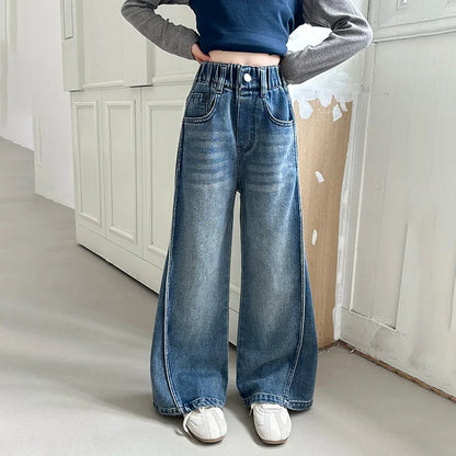 New Autumn Tween Girl Dark Blue Jeans Foldable Wide Leg Denim Pants Kids Child Spring High Waist Jeans Trousers Age 4 To 14 Y