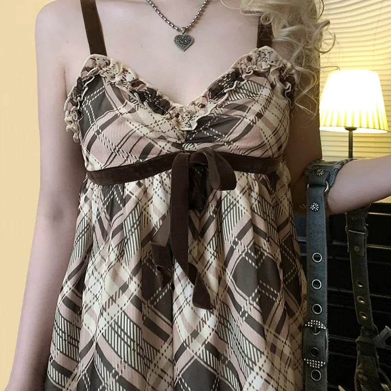 Y2K Bow Contrast Checked Tank Top Vintage Sleeveless V-neck Cute Camis Tops A-line Sweet Style Vest Summer Outfits