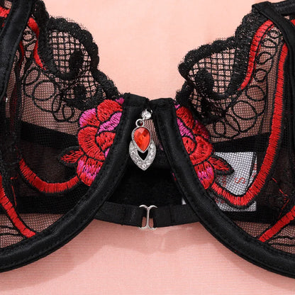 Ellolace Seductive Sexy Lingerie Bra Belt Thong 3PC Set Beautiful Floral Embroidered Intimate Tempted Women Underwear