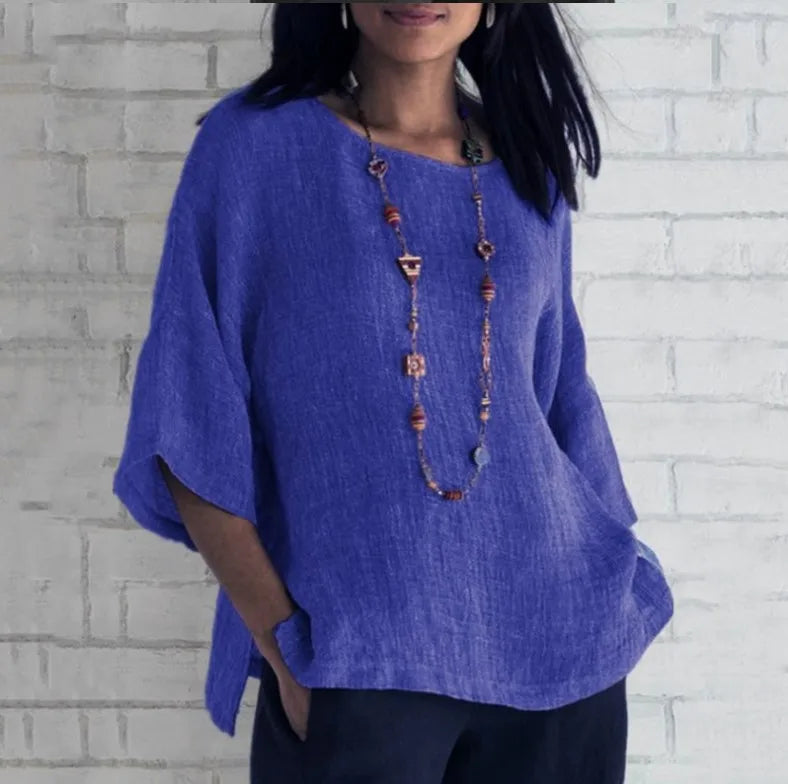 Plus Size Cotton Blouse Shirts Summer O-Neck Three Quarter Loose Casual Blouse Tops Summer Cothes For Women Streetwear