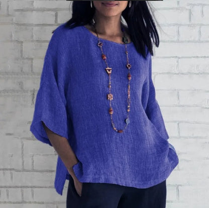 Plus Size Cotton Blouse Shirts Summer O-Neck Three Quarter Loose Casual Blouse Tops Summer Cothes For Women Streetwear