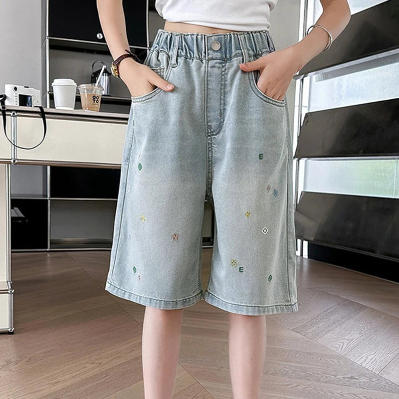 2026 New Summer Children Short Jeans Teen Girls Fashion Star Embroidery Wide Leg Denim Shorts Kid Casual Loose Knee Length Pants