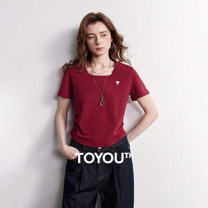 TOYOUTH Women T-shirt 2026 Summer New Breathable Bead Floor Short Fit Waist Cinched Square Neck American Top
