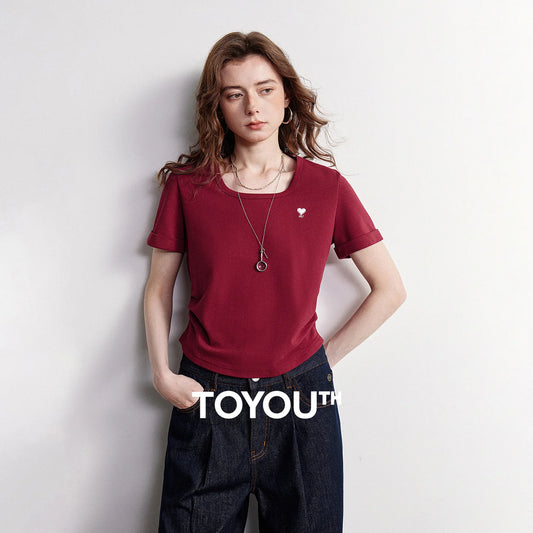TOYOUTH Women T-shirt 2026 Summer New Breathable Bead Floor Short Fit Waist Cinched Square Neck American Top