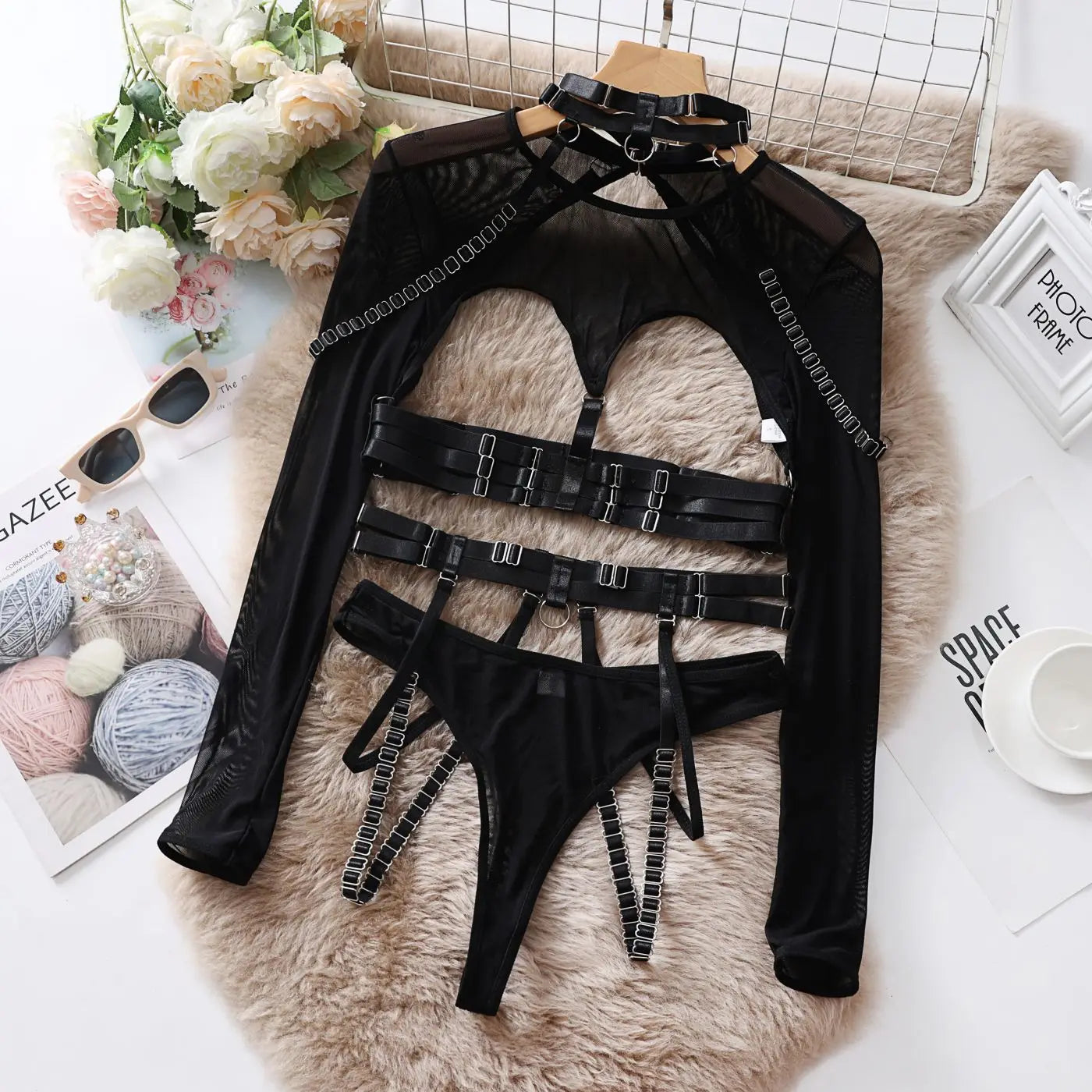 Tornova Sexy Lingerie Set for Women Strap Sexy Lingerie Mesh Splicing Hollow Sexy Lingerie 5-piece Set Halter Underwear Set New